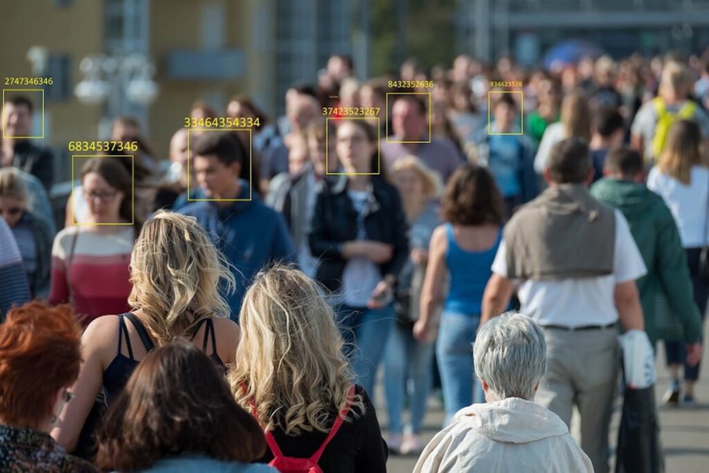 facial recognition software identifies and alerts to suspicious individuals within a crowd